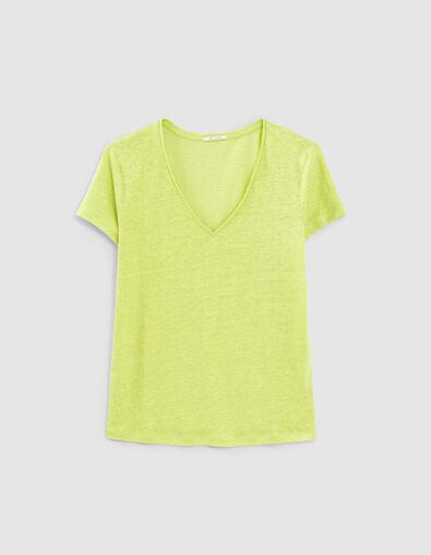 Minzgrünes Damen-T-Shirt, V-Ausschnitt, Leinenjersey - IKKS