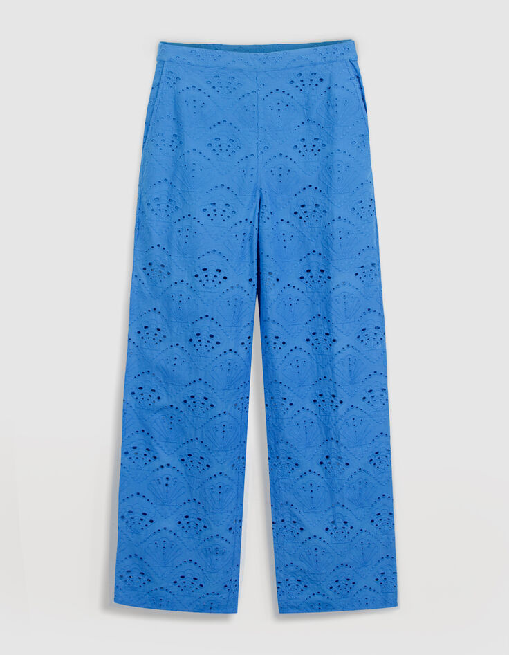 Damenhose mit weitem Bein, blau, mit Lochstickerei-6