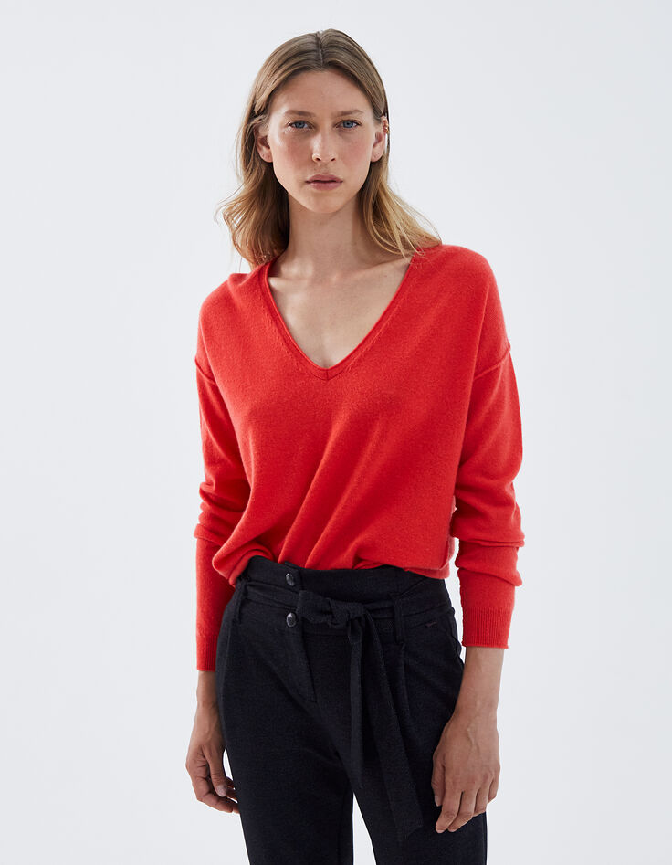 Women's orange-red pure cashmere V-neck sweater-2