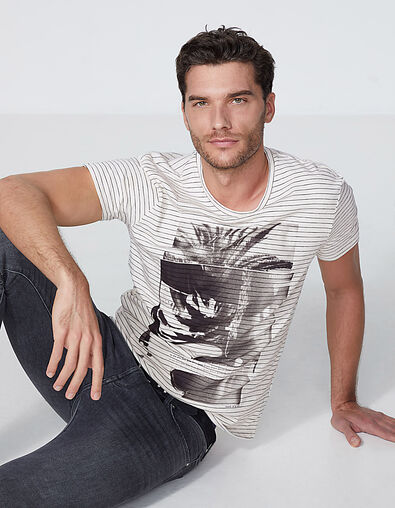 Men’s ivory striped T-shirt with guitar and palm tree - IKKS