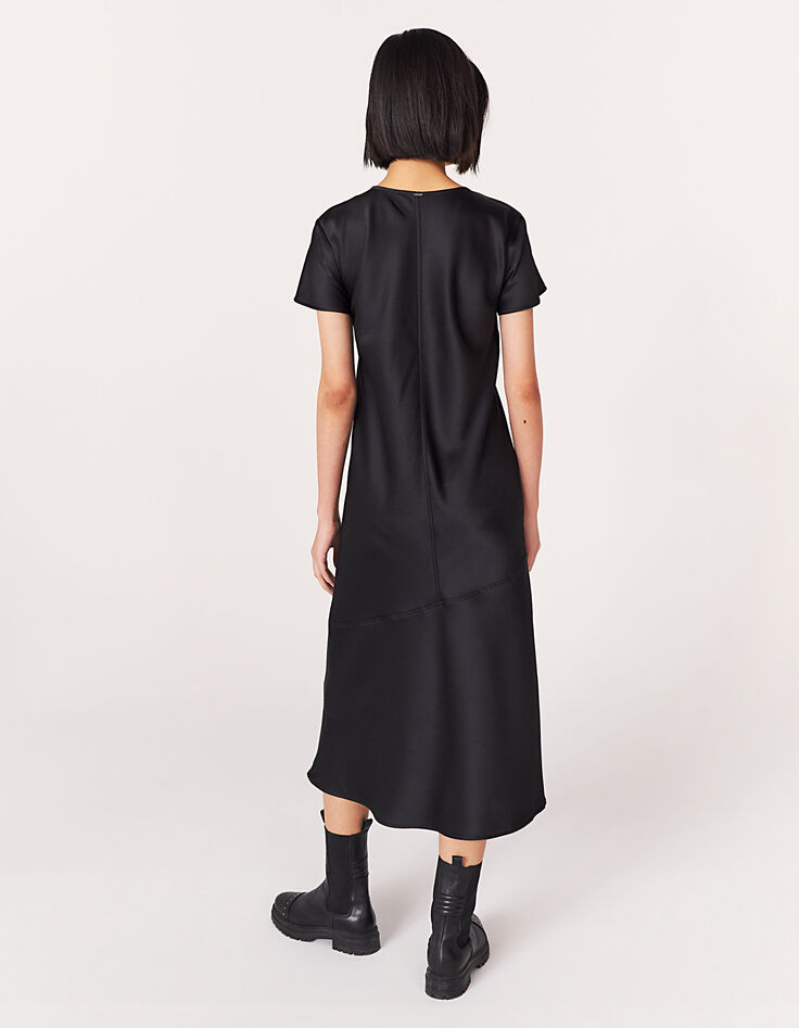Robe midi manches courtes noire volantée en bas femme-3