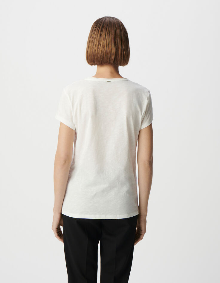 Tee-shirt col V blanc coton bio broderie tête de mort Femme-3