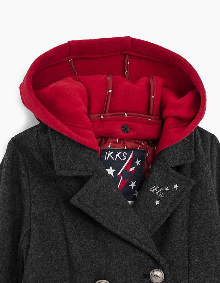 Manteau gris à capuche molleton rouge amovible fille  - IKKS
