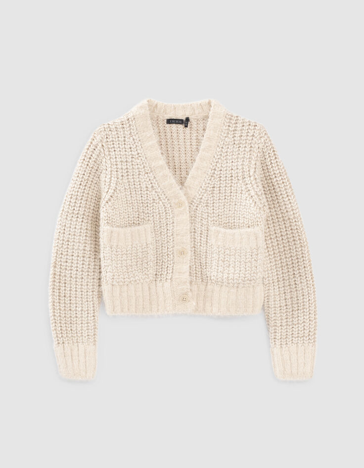 Cremewei&szlig;e M&auml;dchenstrickjacke mit Lurex-Verzierung-1