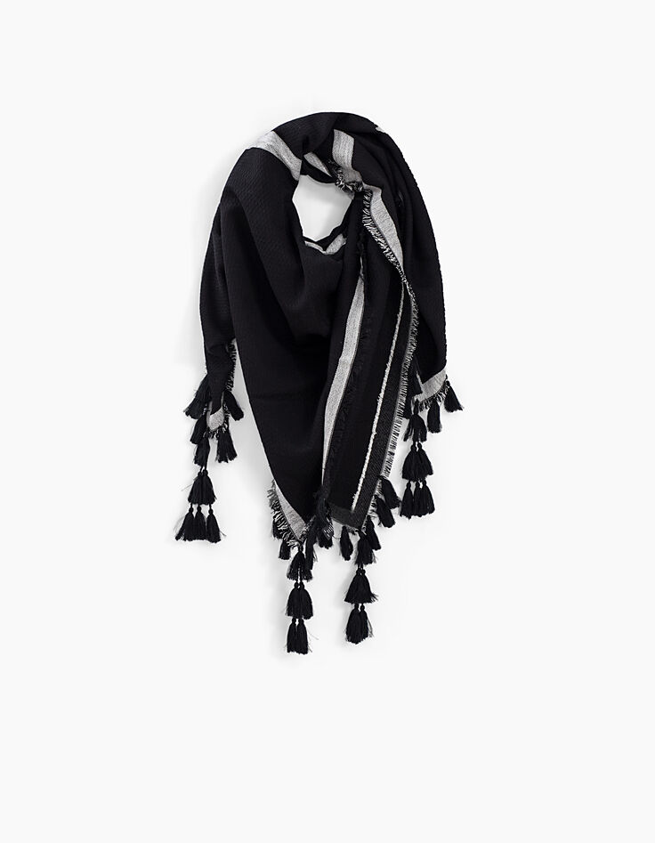Chèche noir oversize jacquard et pompons femme-1