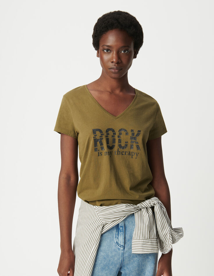 Women's organic cotton khaki t-shirt with glitter message-4