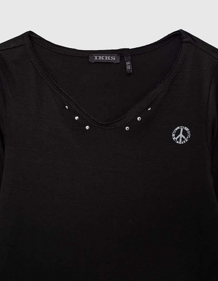 Girls’ black button-neck T-shirt + white lettering on back - IKKS