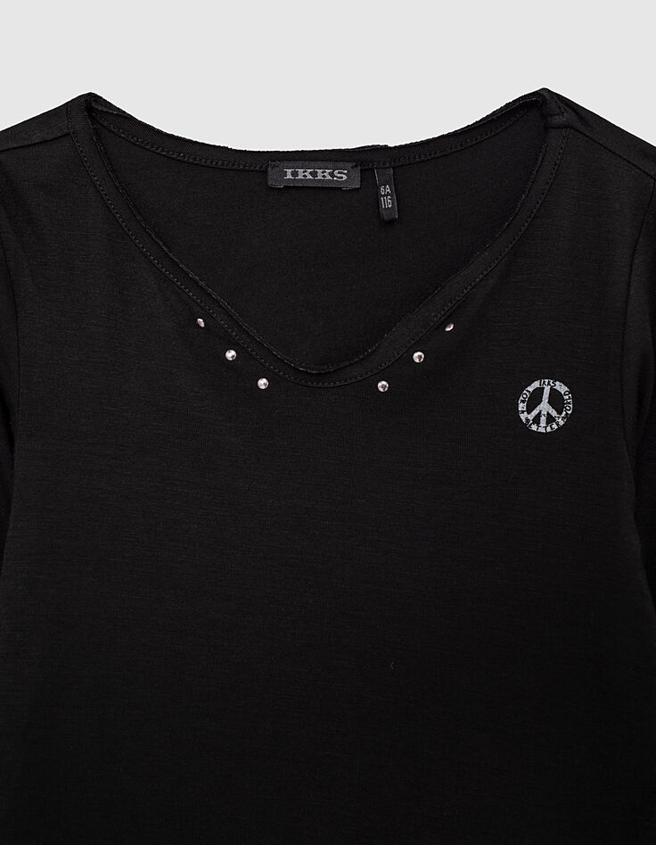 Girls’ black button-neck T-shirt + white lettering on back-4 Girls’ black button-neck T-shirt + white lettering on back-4
