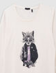 Girl's ecru organic cotton t-shirt with cat print-2 Girl's ecru organic cotton t-shirt with cat print-2