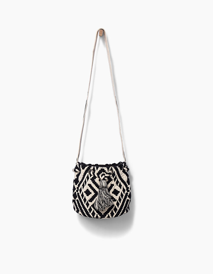 Sac seau blanc cass&eacute; et noir tiss&eacute; fille-2