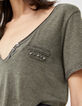 Women’s khaki button-neck T-shirt with chest pocket detail-4