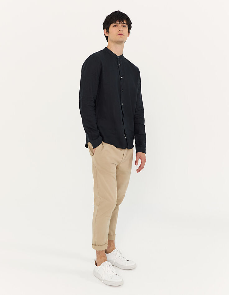 Camisa REGULAR negra lino cuello Mao Hombre-5