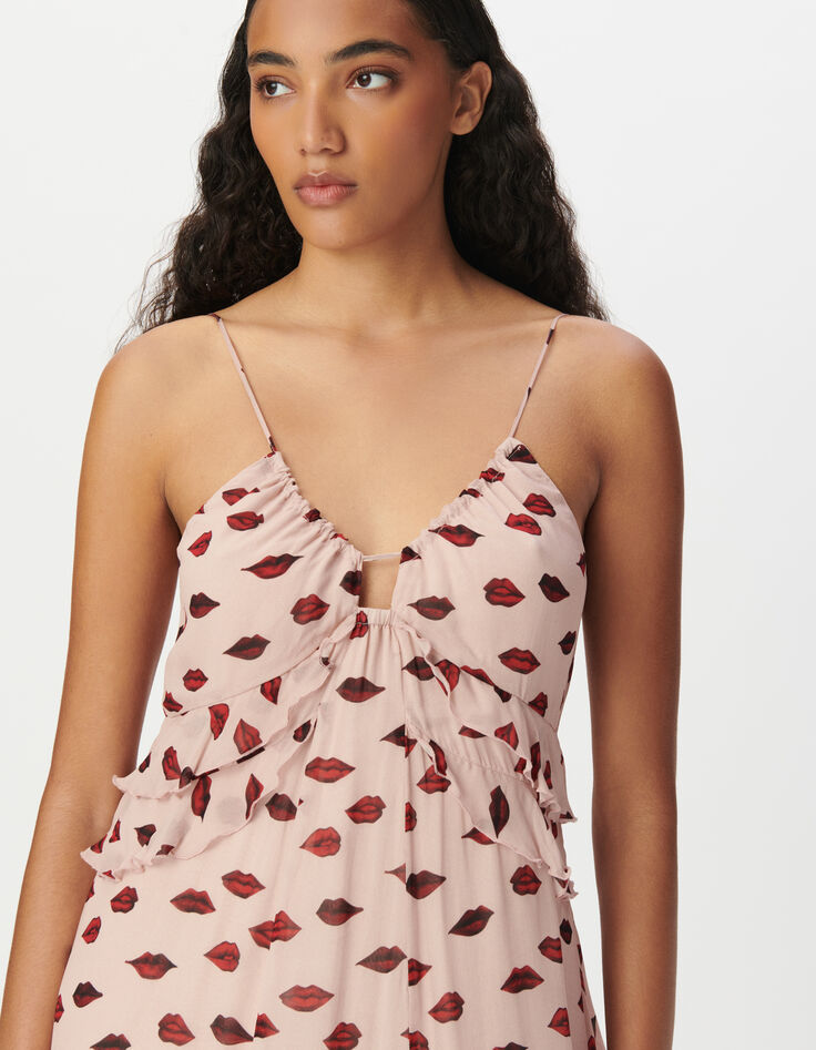 Robe fines bretelles voile rose imprimé bouches Femme-4