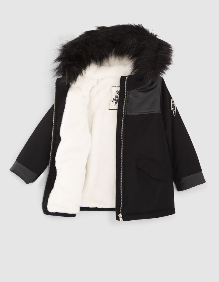 Manteau noir bi matière fourré fille-2