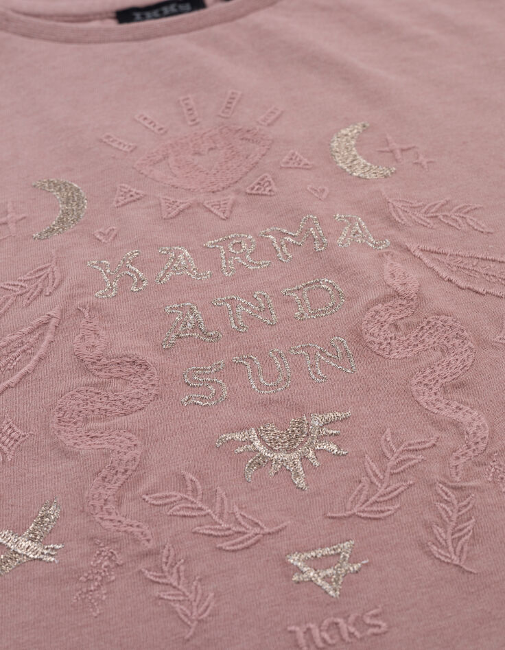 Rosa Mädchen-T-Shirt, Biobaumwolle, Spitze, Stick-7