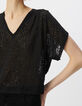 Schwarzes Damen-T-Shirt, V-Schnitt, transparentes Leomotiv-4