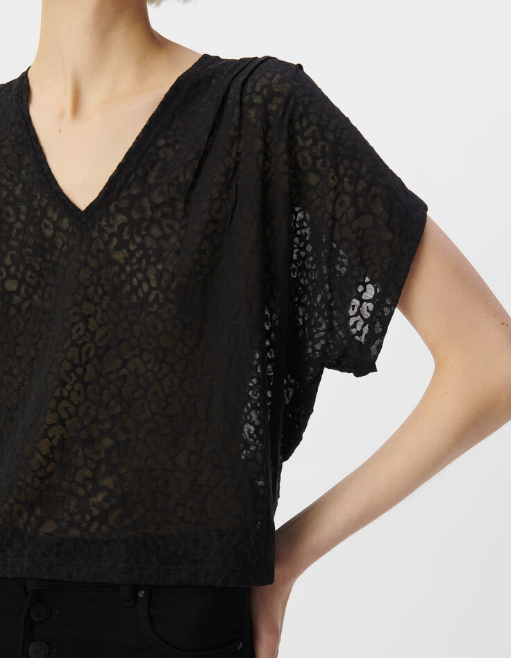 Schwarzes Damen-T-Shirt, V-Schnitt, transparentes Leomotiv-4 Schwarzes Damen-T-Shirt, V-Schnitt, transparentes Leomotiv-4