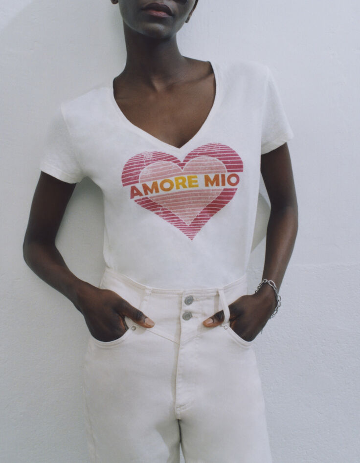 Gebroken wit T-shirt met hart- en tekstopdruk Dames-2