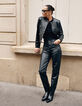 Veste courte noire en cuir quatre poches plaquées Femme-1