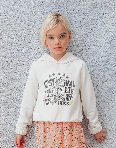 Girls’ ecru hoodie with rock drawings and slogan - IKKS