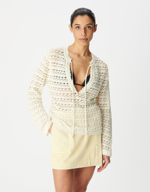 Pull blanc tricot crochet ajour&eacute; Femme - IKKS