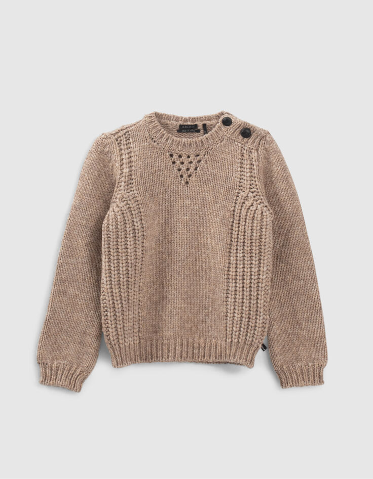 Girls’ ecru knit sweater with ribbing and openwork-1
