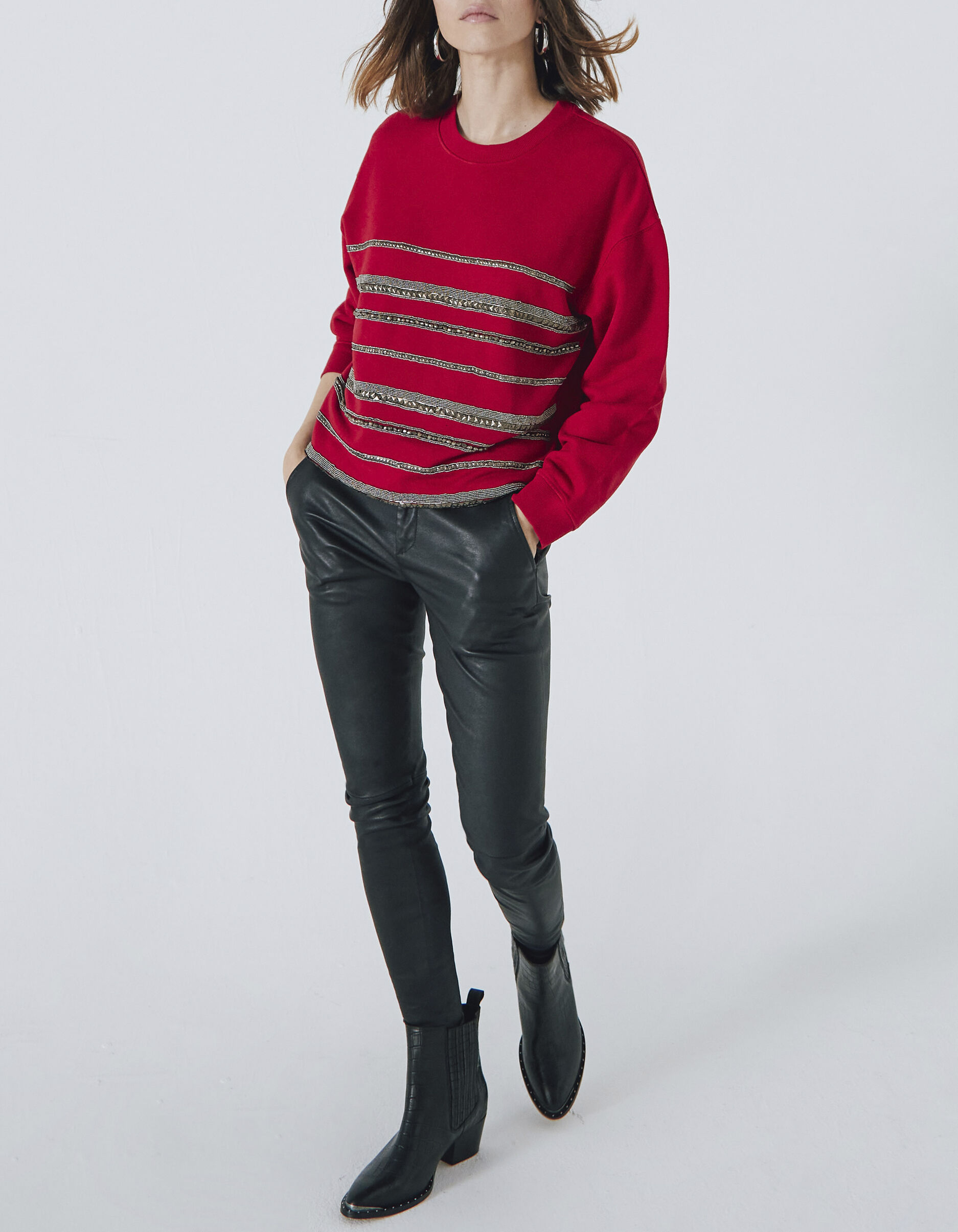 Sweat en molleton rouge motif mariniere en sequins femme IKKS