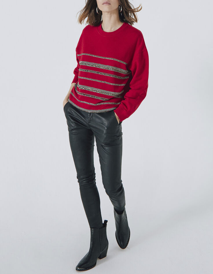Sweat en molleton rouge motif marinière en sequins femme-7