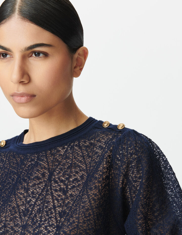 Women’s navy openwork knit sweater with buttoned shoulders-5
