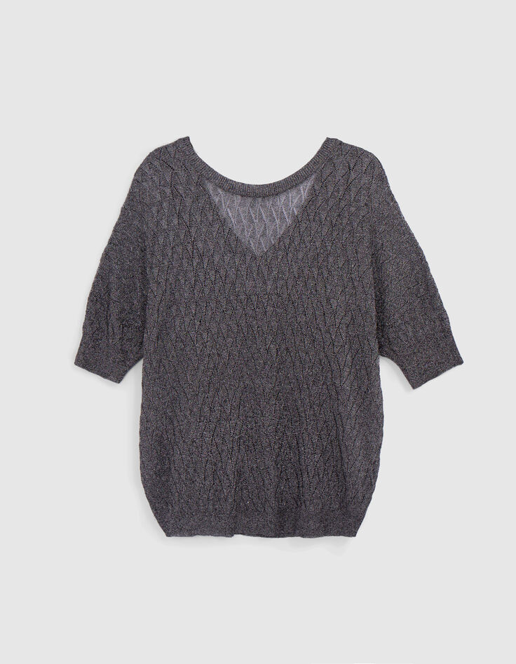 Pull gris maille fine graphique ajourée Femme-5 Pull gris maille fine graphique ajourée Femme-5
