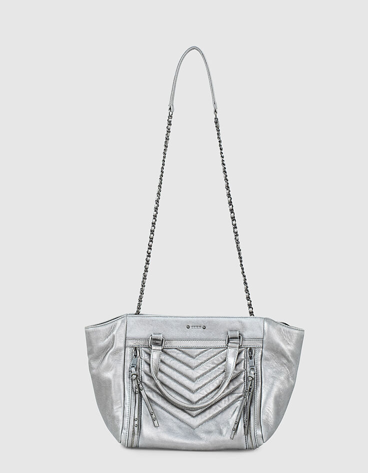 Sac cabas cuir argent LE 1440 MEDIUM SILVER matelassage chevrons femme-5