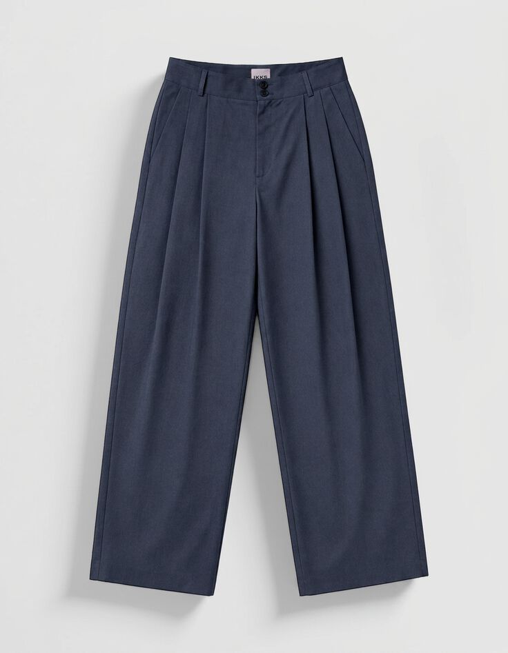 Pantalones grises de corte ancho para mujer-5