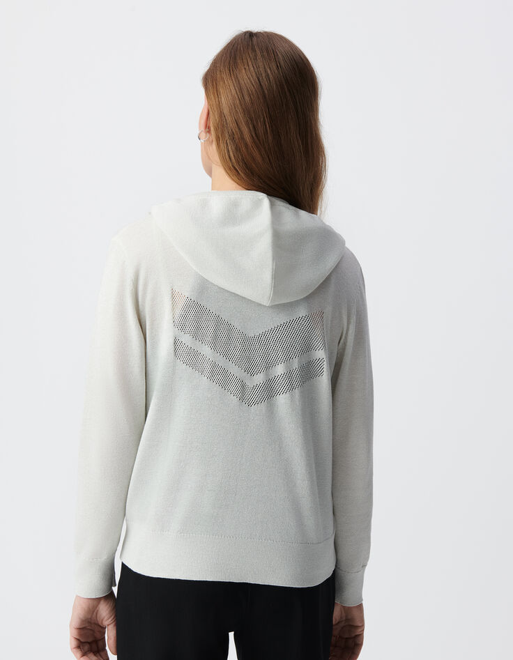 Cardigan blanc tricot pailleté motif chevrons ajouré dos Femme-3