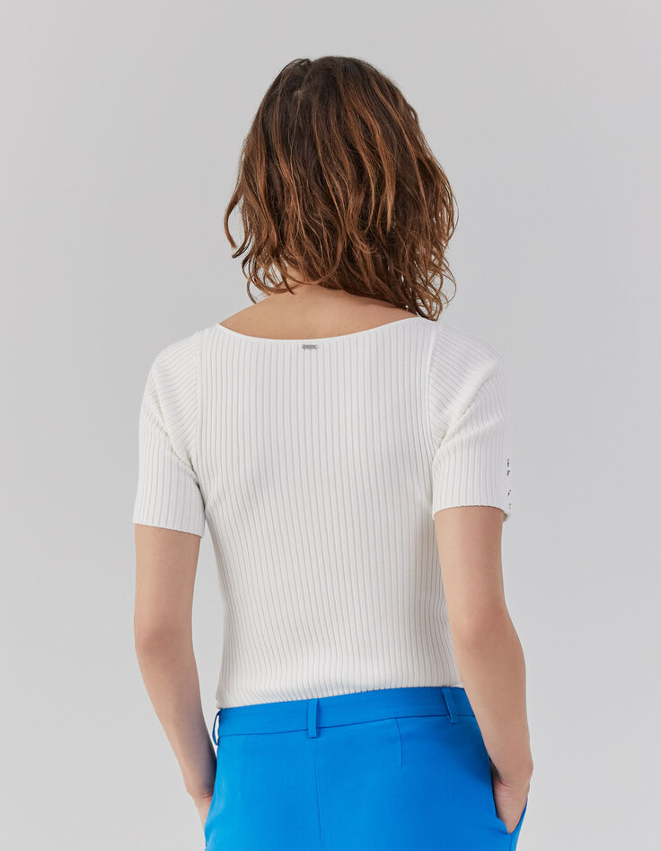 Pull blanc cassé en tricot côtelé à col carré en V Femme-3