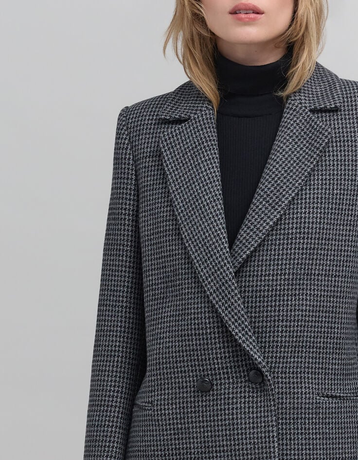 Zwarte rechte jas met houndstoothmotief voor dames-2 Zwarte rechte jas met houndstoothmotief voor dames-2