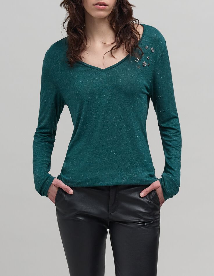 T-shirt met pailletten van rock emerald voor dames-2