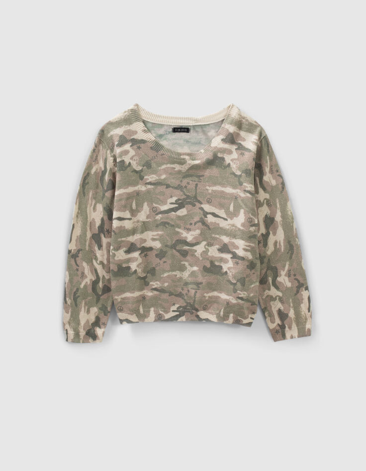 Girls’ khaki glittery camouflage motif knit sweater-1