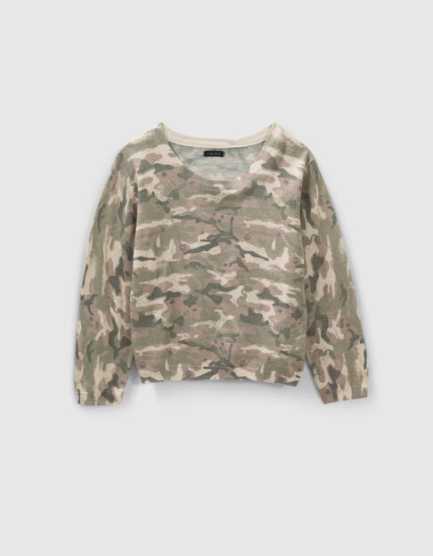 Girls’ khaki glittery camouflage motif knit sweater