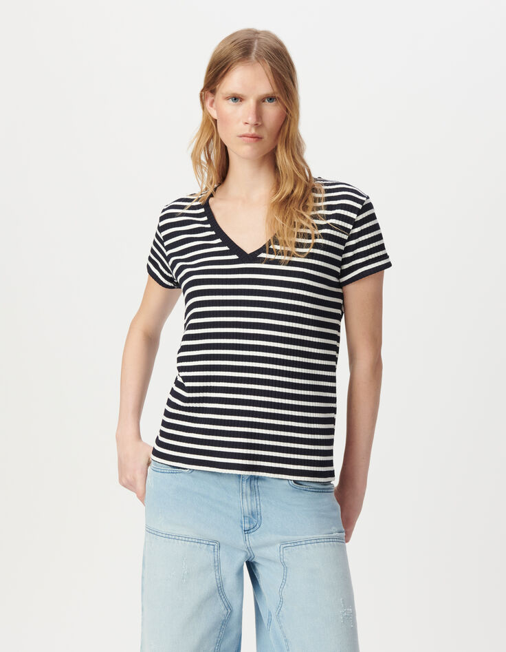 Tee-shirt marine rayures écrues côtelé-3
