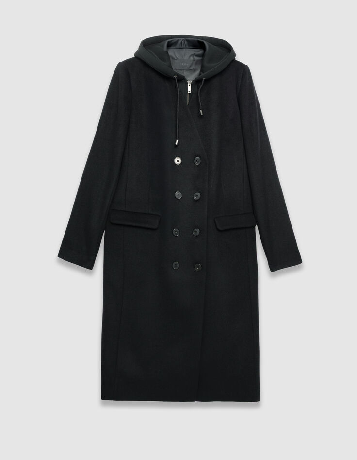 Manteau long noir parementure à capuche amovible Femme-6