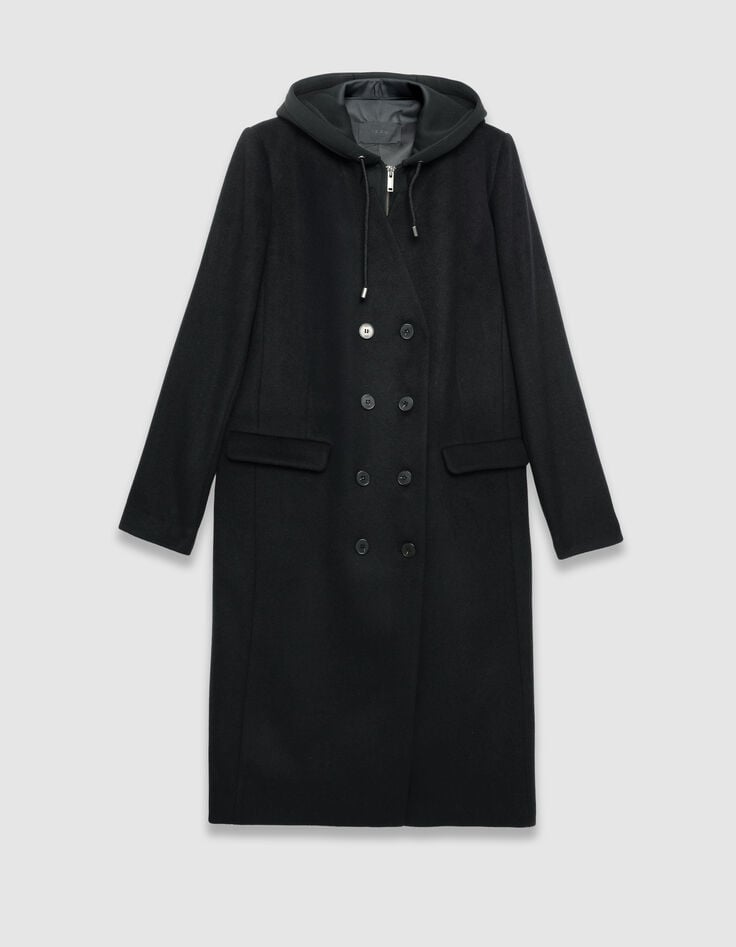 Manteau long noir parementure à capuche amovible Femme-6 Manteau long noir parementure à capuche amovible Femme-6
