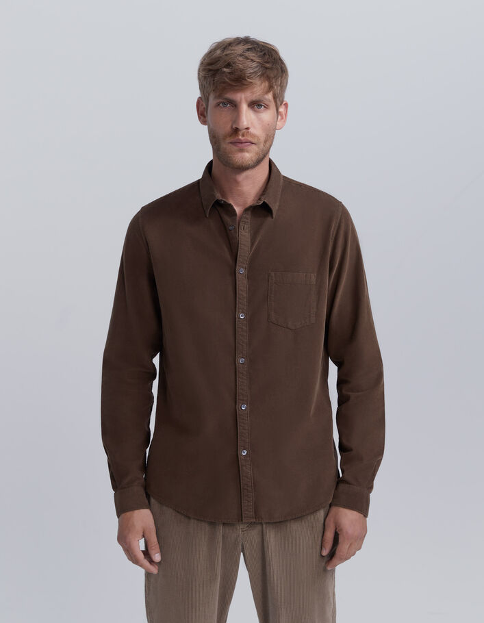 Braunes REGULAR-Herrenhemd aus fein gestreiftem Velours-1