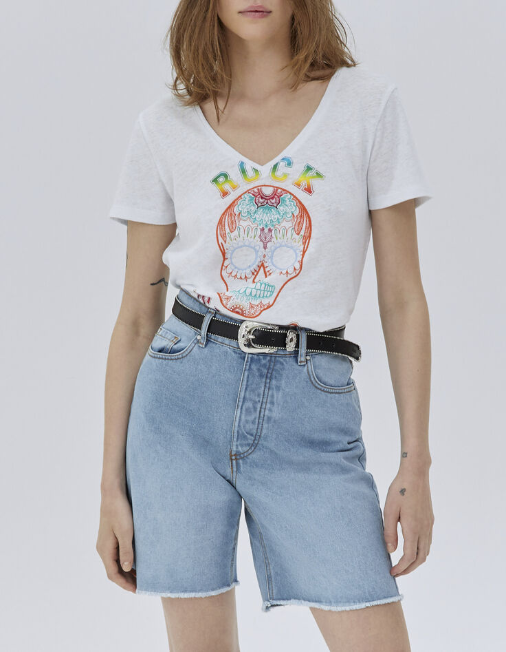 Tee-shirt blanc visuel tête de mort métalisé et broderies femme-2 Tee-shirt blanc visuel tête de mort métalisé et broderies femme-2