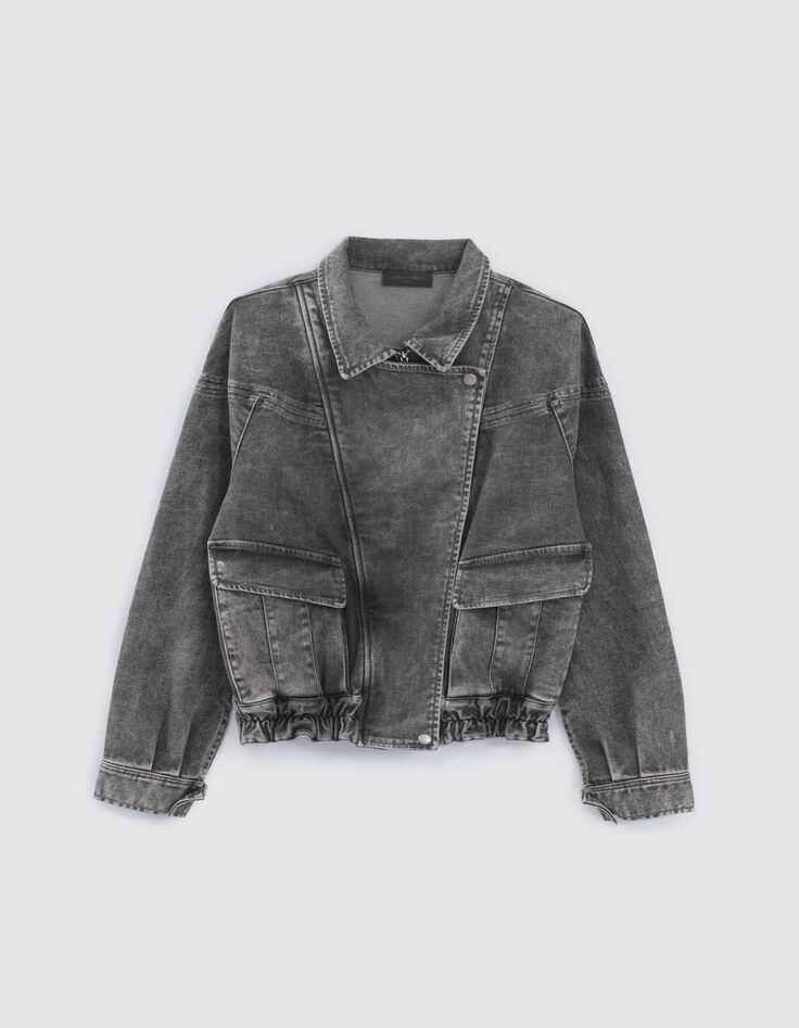 Pure Edition graue Damenjeansjacke im Bikerstil-7