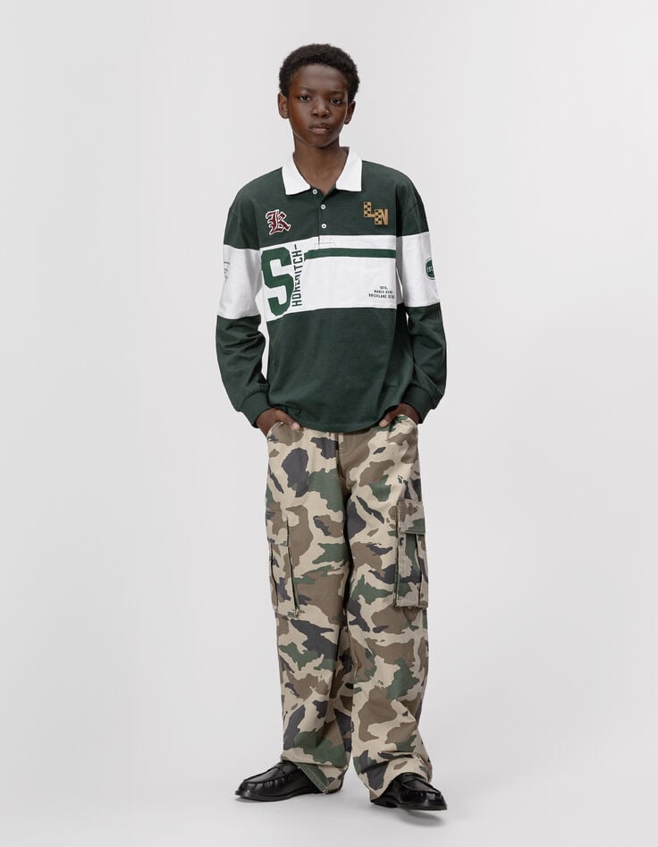 Boys’ green long-sleeved polo shirt, print and embroidery-1 Boys’ green long-sleeved polo shirt, print and embroidery-1
