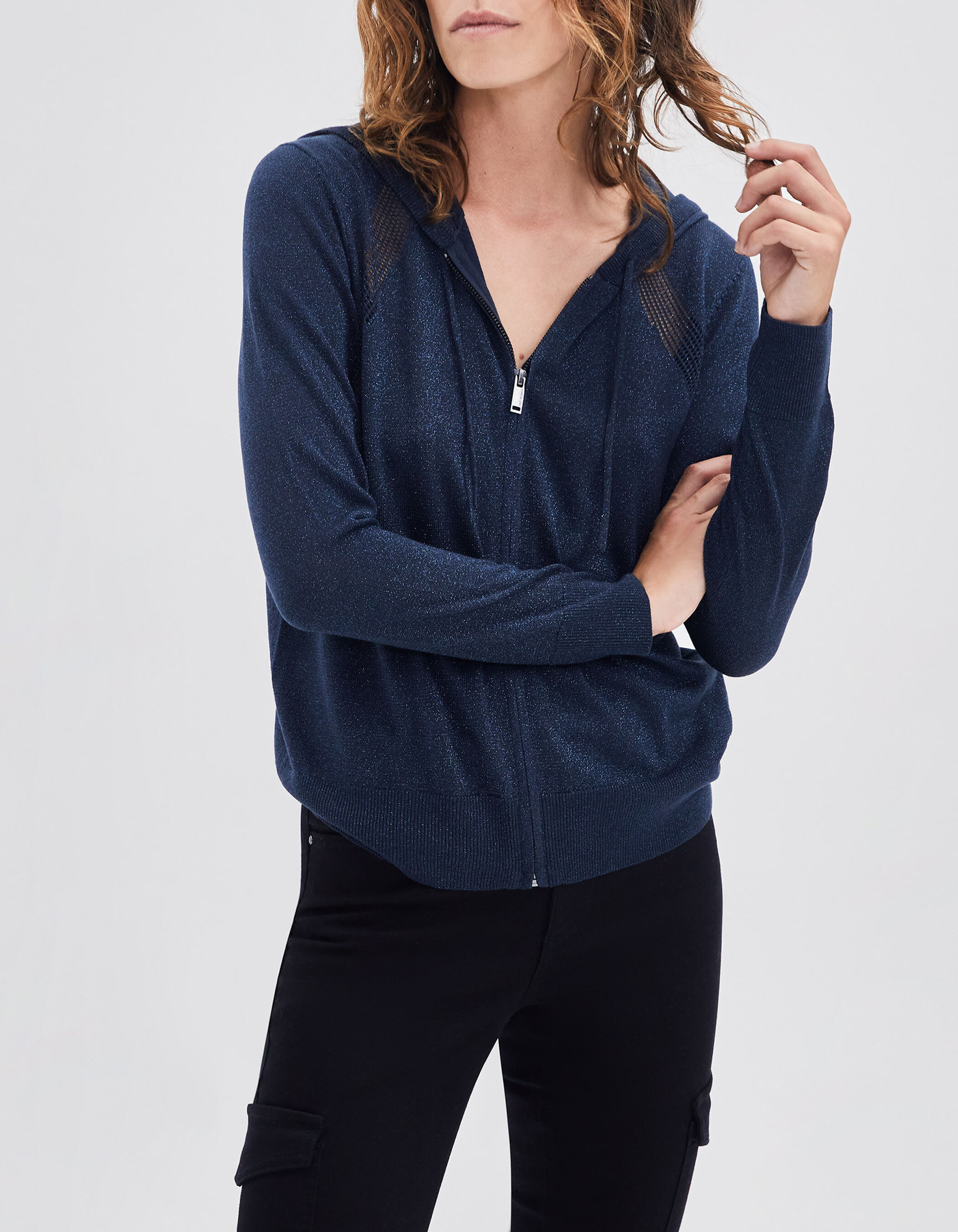 Women s navy lurex knit hooded cardigan IKKS