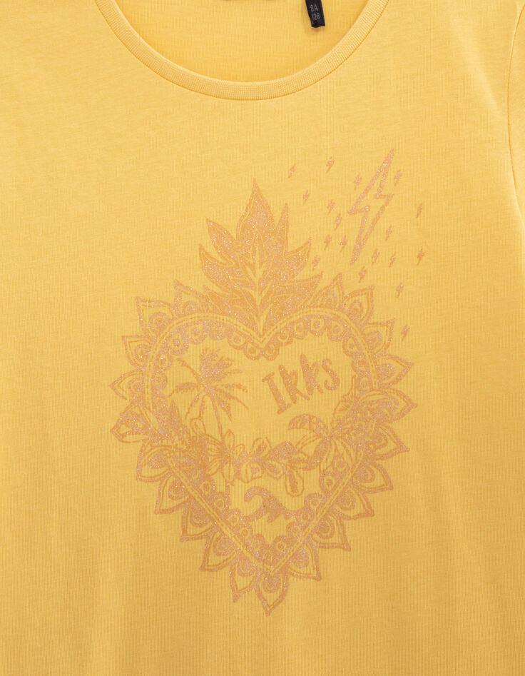 T-shirt jaune coton bio visuel coeur pailleté fille-2