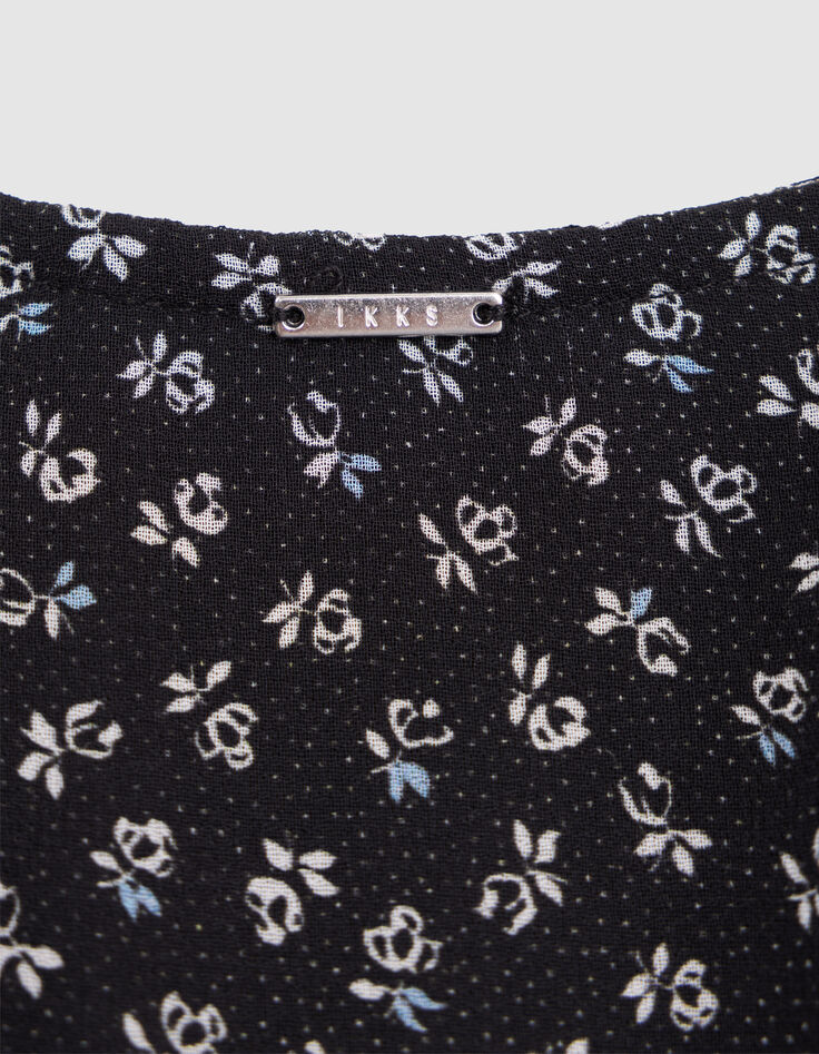 Zwarte micro-pois meisjesjurk met bloemenprint-5 Zwarte micro-pois meisjesjurk met bloemenprint-5