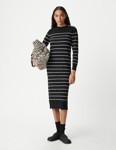 Robe midi marini&egrave;re noire tricot ray&eacute; Femme - IKKS