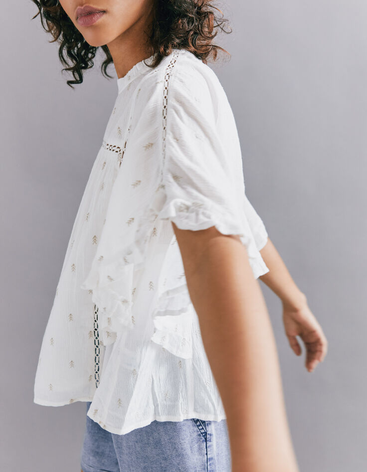 Ecru loose top inzet kant en fronsels dames-5